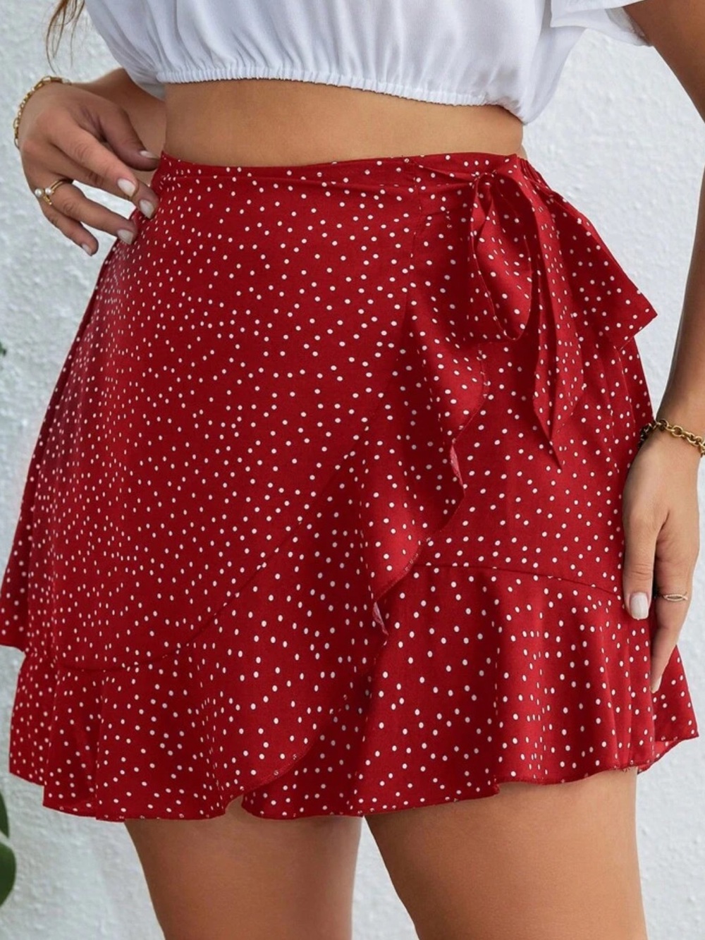 Red Polka Dot Faux Wrap Skirt Skort - Picture 2 of 16